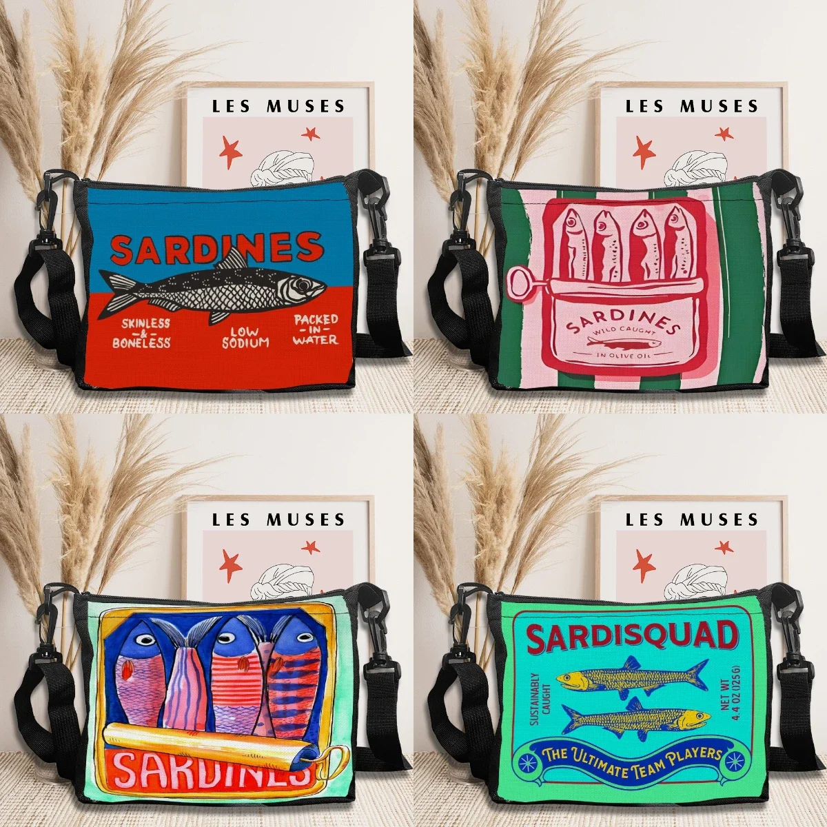 Damen-Umhängetasche, bunt, trendige Sardinen-Einkaufstaschen für Damen, Cartoon-Einkaufstasche, Handtaschen, lässige Umhängetasche Image