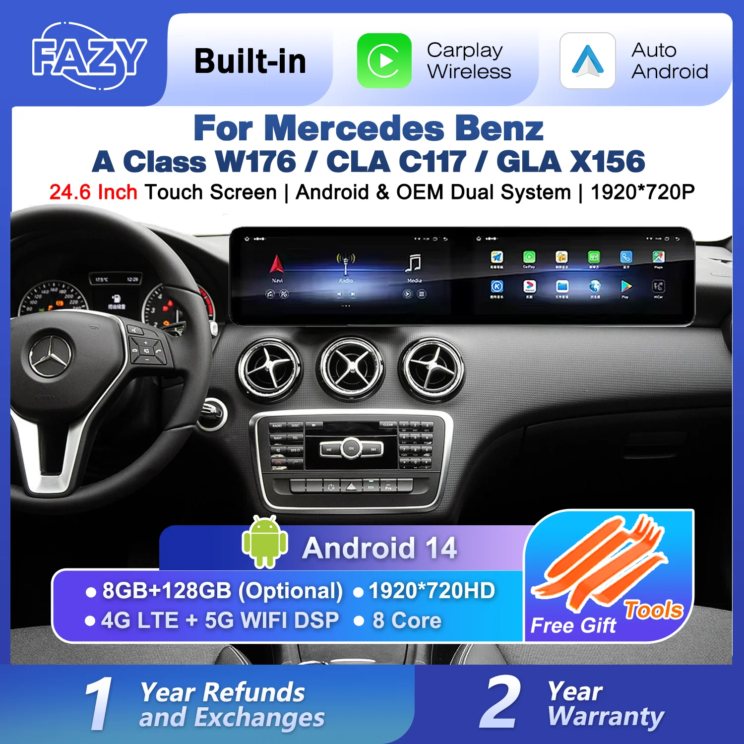 24,6 Zoll Carplay Android Auto Dual-Touchscreen für Mercedes Benz A CLA GLA W176 C117 X156 W463 Autoradio WIFI GPS Navigation Image