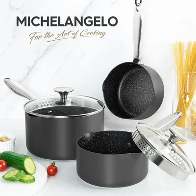 MICHELANGELO Hard Anodized Saucepan with Lid, Granite Coated Non-stick Pan with Pouring Spout and Strainer Lid for Easy Pouring