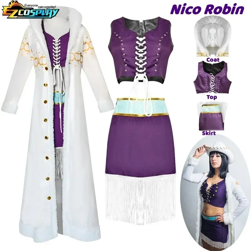 Nico Robin Cosplay Kostüm Anime One Piece Lila Kleid Uniform Langer Pelzkragen Weißer Umhang Punk Outfit Halloween