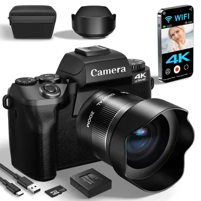 4K 64MP Digital Camera for Photography WiFi Vlogging with Flash Lens Hood Front and Rear 4 Inch Touch Screen Camera