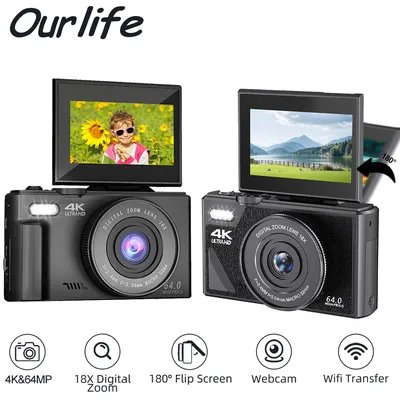 Ourlife AC600 Digital Camera 4K 64MP UHD Cameras 18X Digital Zoom 180° Flip Screen Vintage Vlogging Camera for YouTube Autofocus