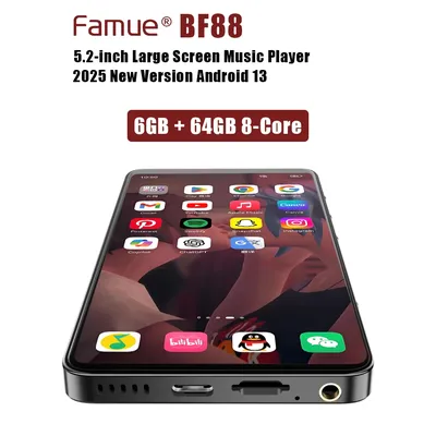 Famue MP4 Player Portable MP3 music WiFi Android 13, 5.2" 6GB+64GB, Bluetooth 5.3, Smart Media Player with Google Play, Spotify