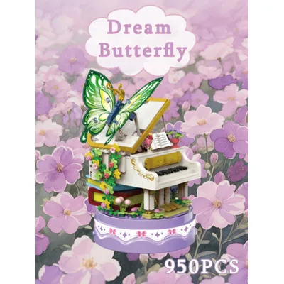 630PCS Building Blocks Romantic Dark Blue Butterfly Flower Cluster Music Box Boys and Girls Special Festival Gift Set