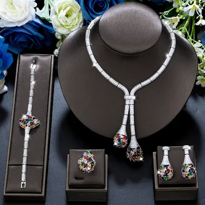 Luxury wedding jewelry Nigeria designed cubic zirconia large bridal necklace earring set, suitable for women's jewelry