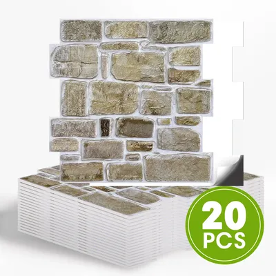 20 pcs 3D Faux Stone Adhesive Wall Panels, Wall Stickers for Living Room (10 sqft/box), Farmhouse Wall Decor
