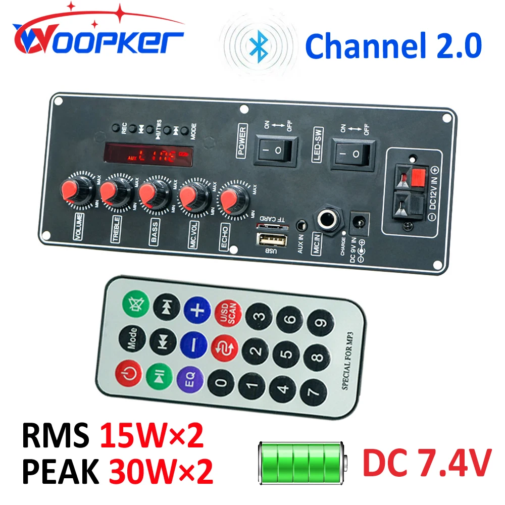 WOOPKER Audio Amplifier Board 7.4V Battery Version 30W Subwoofer Microphone Amp Module Channel 2.0 for 4 ohms Speaker Home DIY