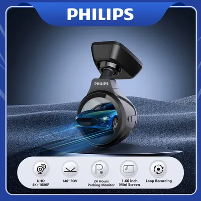 PHILIPS 4K+1080P Dash Cam Front and Rear Dual Recording Voice Control 24H Parking Mode Car DVR with 1.66″ Screen 360° Adjustable