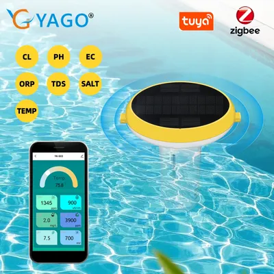 WiFi Smart pH and Chlorine Tester 7 in 1 Solar-powered Pool Water Quality Meter Salinity ORP EC TDS Temp Chlorine Pool Monitor