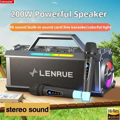 200W Powerful Colorful Light Effect Bluetooth Speaker with 2 Mic Portable Surround Sound Wireless Subwoofer Boombox Home Karaoke