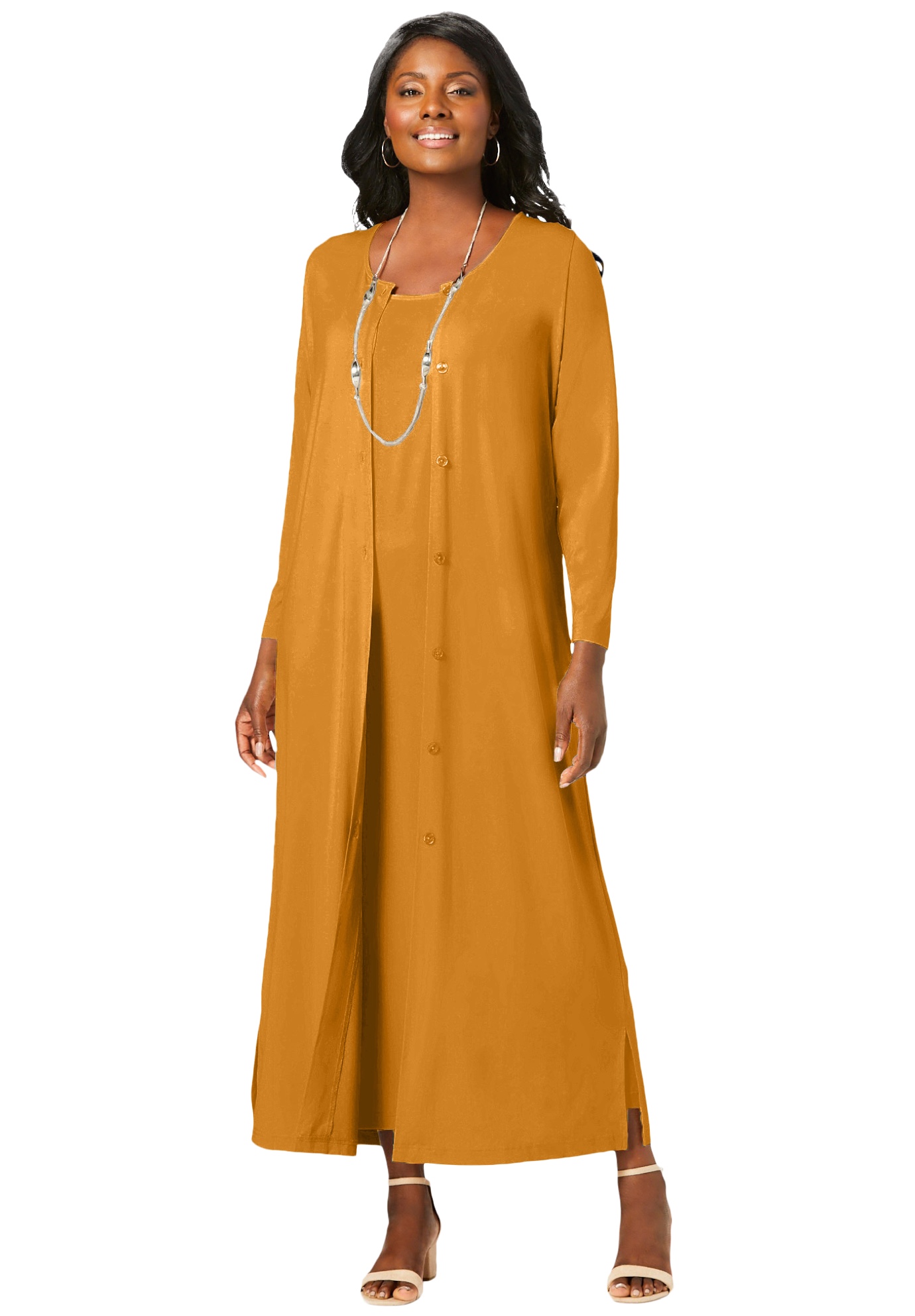 Plus Size Women's 2-Piece Stretch Knit Duster Set by The London Collection in Rich Gold (Size 30/32)