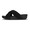 Pantolette FITFLOP "LULU CRINKLED SHIMMER", Damen, Gr. 39, schwarz, Synthetik, Textil, Glitzer, modisch, Schuhe, Slides, Badeschuh, Abendmode mit Glitter