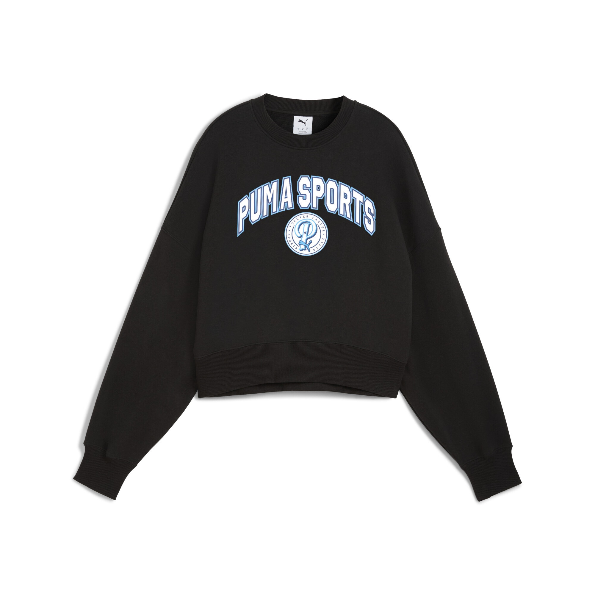 Sweatshirt PUMA "Wardrobe Essentials Sports Legacy Oversized Graphic Crew", Damen, Gr. XS, schwarz, Obermaterial: 32% Polyester, 68% Baumwolle; Rippe: 96% Baumwolle, 4% Elasthan, oversize, Rundhals, Sweatshirts