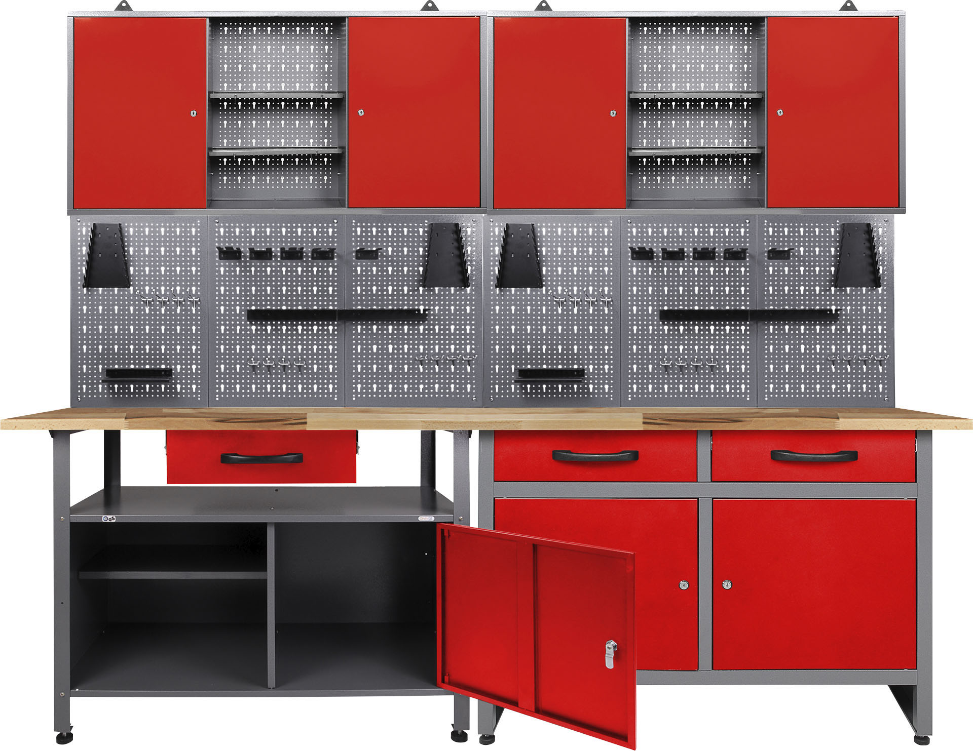 Werkstatt-Set ONDIS24, rot (anthrazit, rot), B:240cm H:205cm T:60cm, Metall, Werkbänke, 2x Werkbank, 2x Werstattschrank, 2x Lochwand