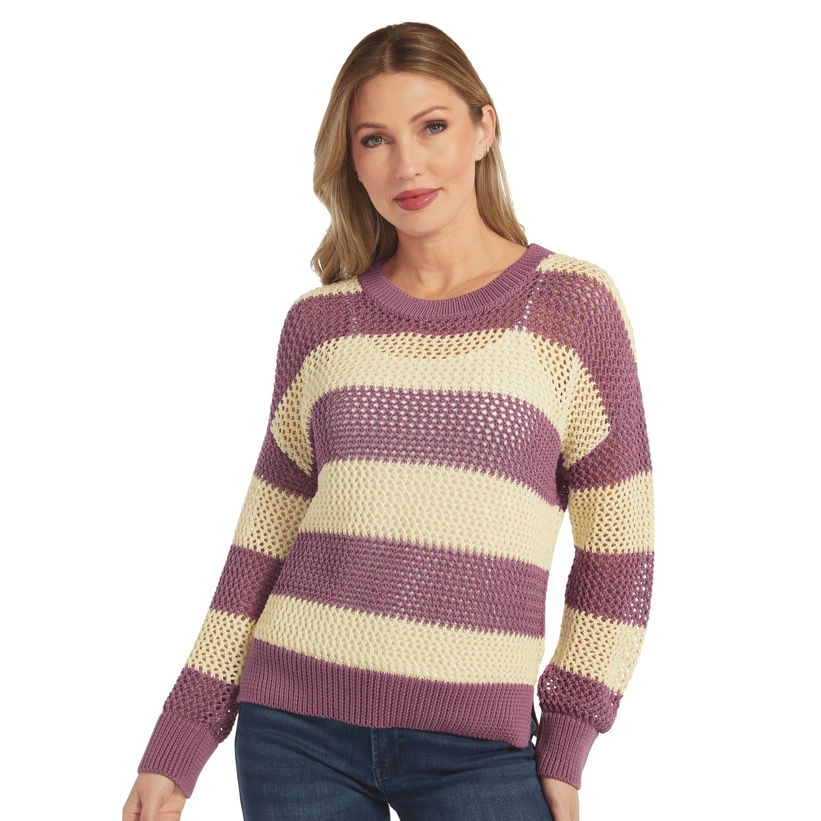 Masseys Lightweight Open Knit Sweater (Size 2X) Mauve/Cream Stripe, Cotton