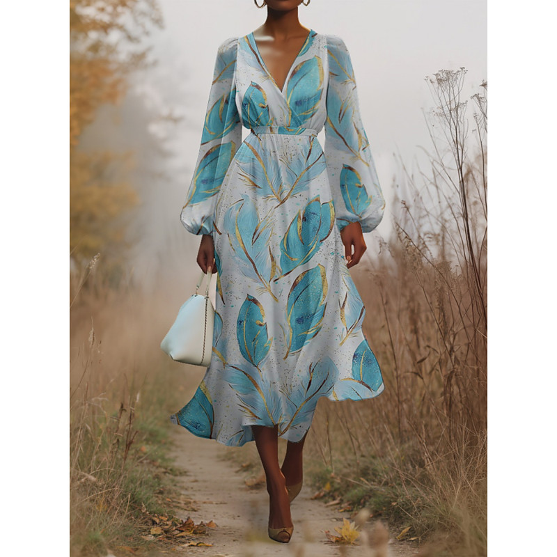 Women's Midi Dress Casual Dress Chiffon Swing Dress Modern Vacation Daily Weekend Regular Fit Feather Long Sleeve V Neck White Blue Light Blue Summer Spring Fall Autumn