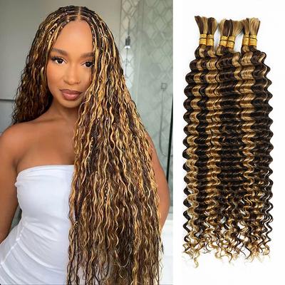 3 Bundles Bulk Hair P4/27 Human Hair Deep Wave Extension Bundle Hair 10-28Inch
