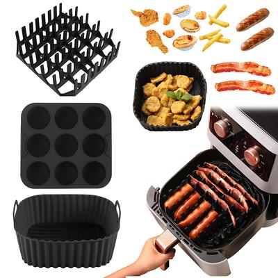 3pcs Reusable Silicone Air Fryer Liners Set Non-Stick Silicone Tray, Bacon Rack 9-Cavity Mold for Eggs and Cupcakes Multi-Use Air Fryer Accessories