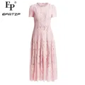Robe longue en dentelle de perles roses pour femmes, nouvelle collection été 2021, col rond, manches courtes, robe de soirée pour dames, 5251066