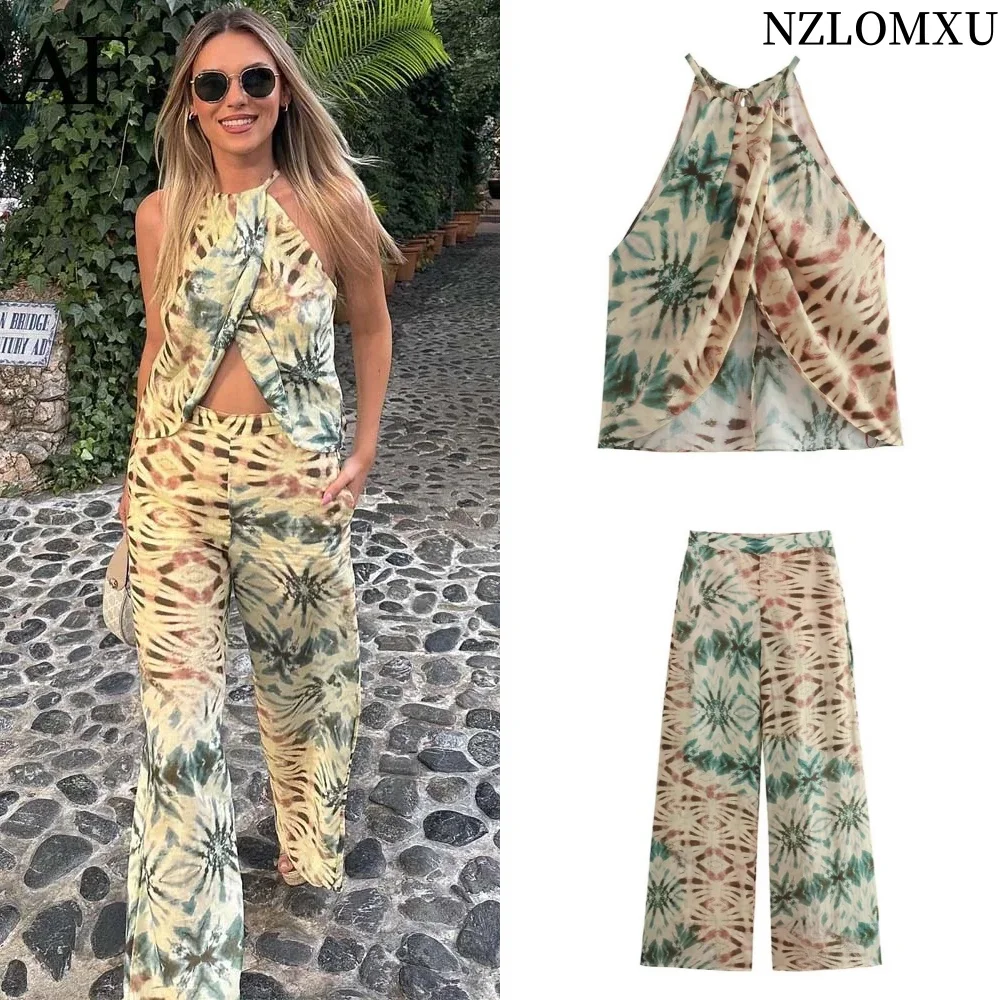 2025 sommer 2 Stück Sets Mode Gedruckt Hang-Neck Kurze Sling Tops + Hohe Taille Lange Hosen Kausalen Elegante schlanke Sets Image