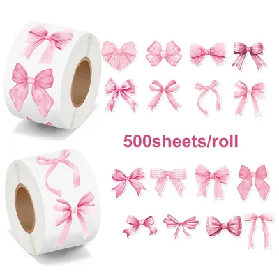 500 Stück/Rolle niedliche karierte gepunktete rosa Schleife Aufkleber Siegelaufkleber Abziehbilder für Geschenkverpackungen Scrapbooking Journal DIY Dekoration Image