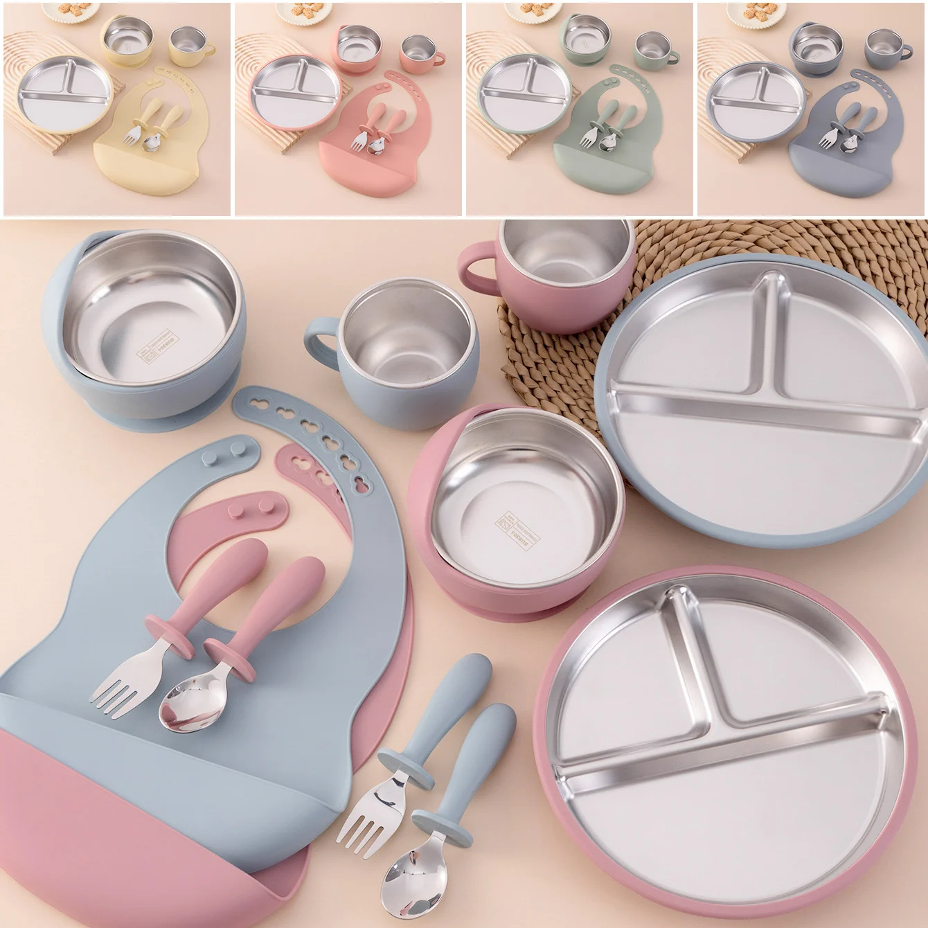 Farbe Kinder 6PCS Baby Fütterung Set Edelstahl Silikon Schüssel Platte Lätzchen Abnehmbare Entwöhnung Geschirr BPA FREI Infant Training Image