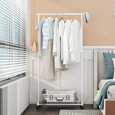 Movable Clothes Rack Rolling Rod Garment Shelf Metal Coat Rack with Wheels Bedroom Integrated Single and Double Pole Drying Rack