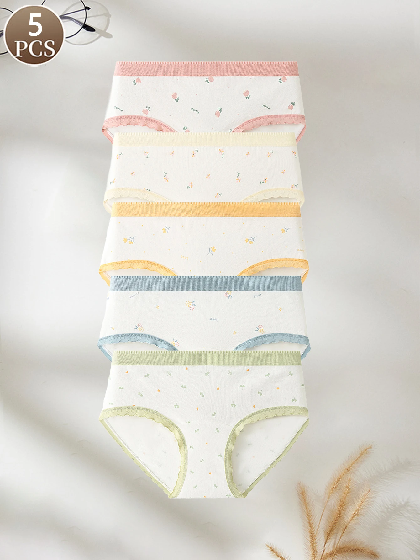 5 Stück Damenunterwäsche mit Blumendruck, lässiger Sportstil, mittlere Taille, weicher und bequemer Damen-Slip Image