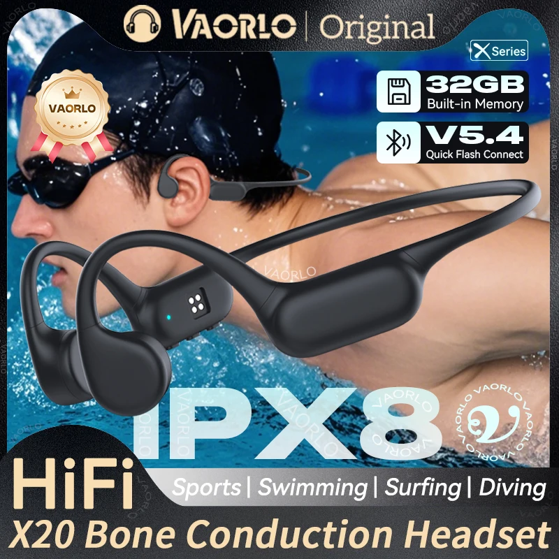 Casque audio sans fil à conduction osseuse, étanche IPX8, Bluetooth 5.4, 32 Go MP3, avec micro, pour iPhone et Android