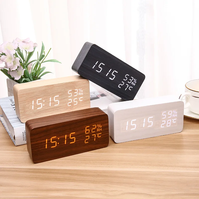 Wooden LED Silent Alarm Clock Temperature Humidity Date Night Mode 3 Alarms Brightness Adjustment 12/24H Home Decor Clock