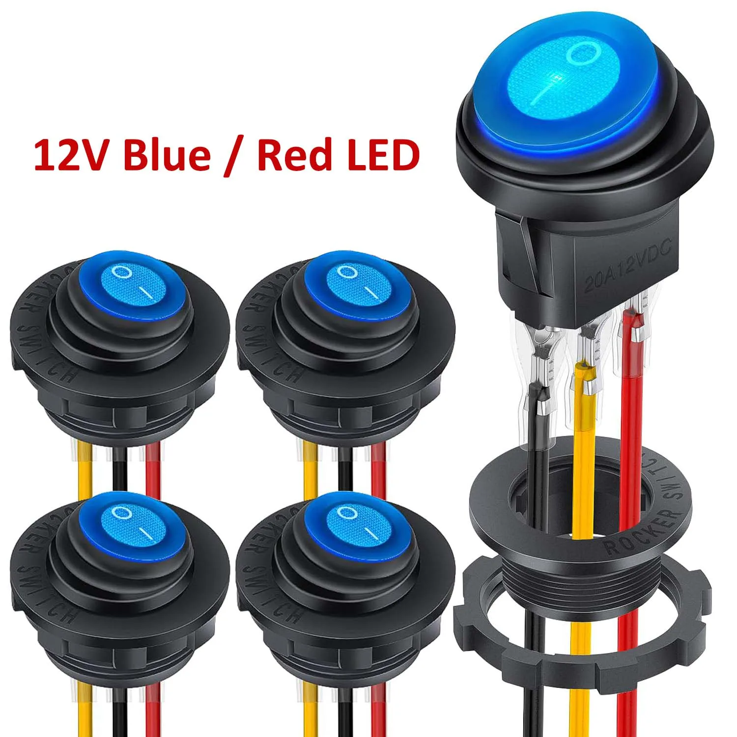 5PCS Wasserdichter runder Wippschalter mit Gehäuse, 12V LED-Wippschalter, beleuchtet, EIN/Aus, SPST, 3-poliger Wippschalter für Wohnmobil, LKW Image
