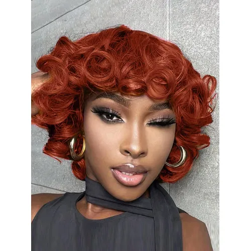 Perruque courte ondulée bouclée Rose avec frange faite à la Machine 8 pouces perruques de cheveux humains de couleur gingembre Orange pour les femmes