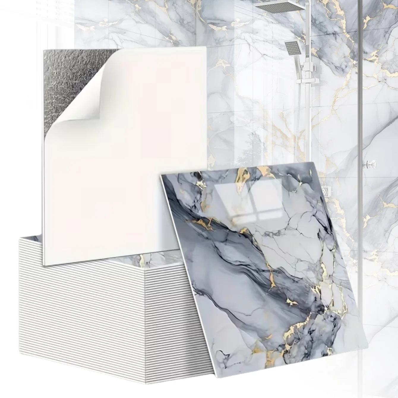 10 Stück 3D-Marmor-Effekt-Fliesenaufkleber, wasserdicht, selbstklebende Platten für Badezimmer, Küche, Wand, Boden, Renovierung, Heimdekoration