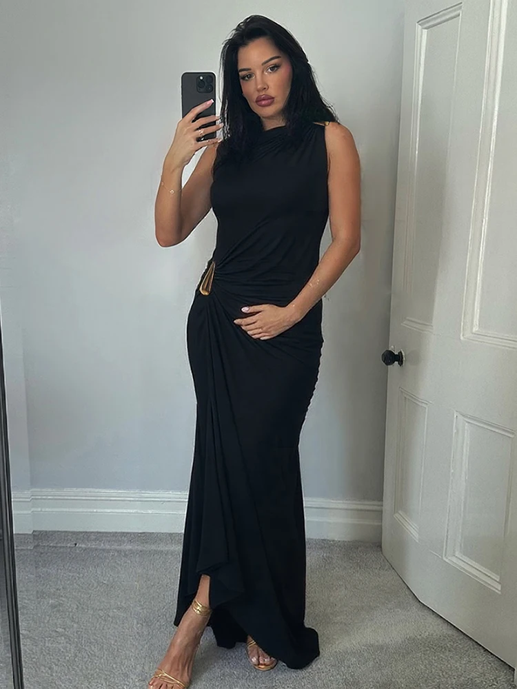 Seltsame Puss Klassische Metall Geraffte Frauen Kleid Elegante Rundhals Ärmel Unregelmäßige Einfache Sommer Party Trend Stretch Vestidos Image