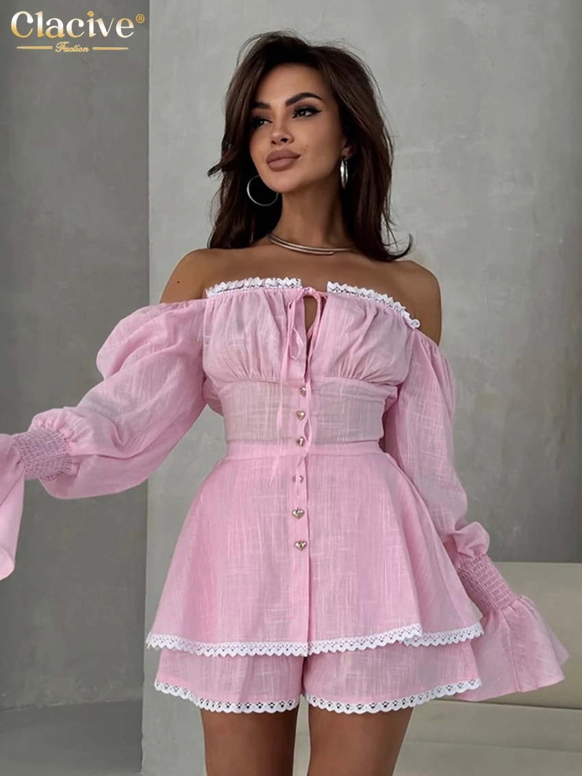 Clacive Mode Lose Rosa Baumwolle frauen Zwei Stücke Set 2025, Elegantes Langarm-shirt Mit Hoher Taille Shorts Set weibliche