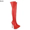 Rontic Frauen Frühling Stretch Oberschenkel Stiefel Seitlichem Reißverschluss Sexy Stiletto Ferse Spitzschuh Rot Silber Nachtclub Schuhe US Größe 5-20