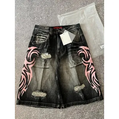 HOUZHOU Graphic Print Women Short Jeans Y2k Hole Harajuku Vintage Denim Shorts Wide Leg American Jorts Baggy Hip Hop Streetwear
