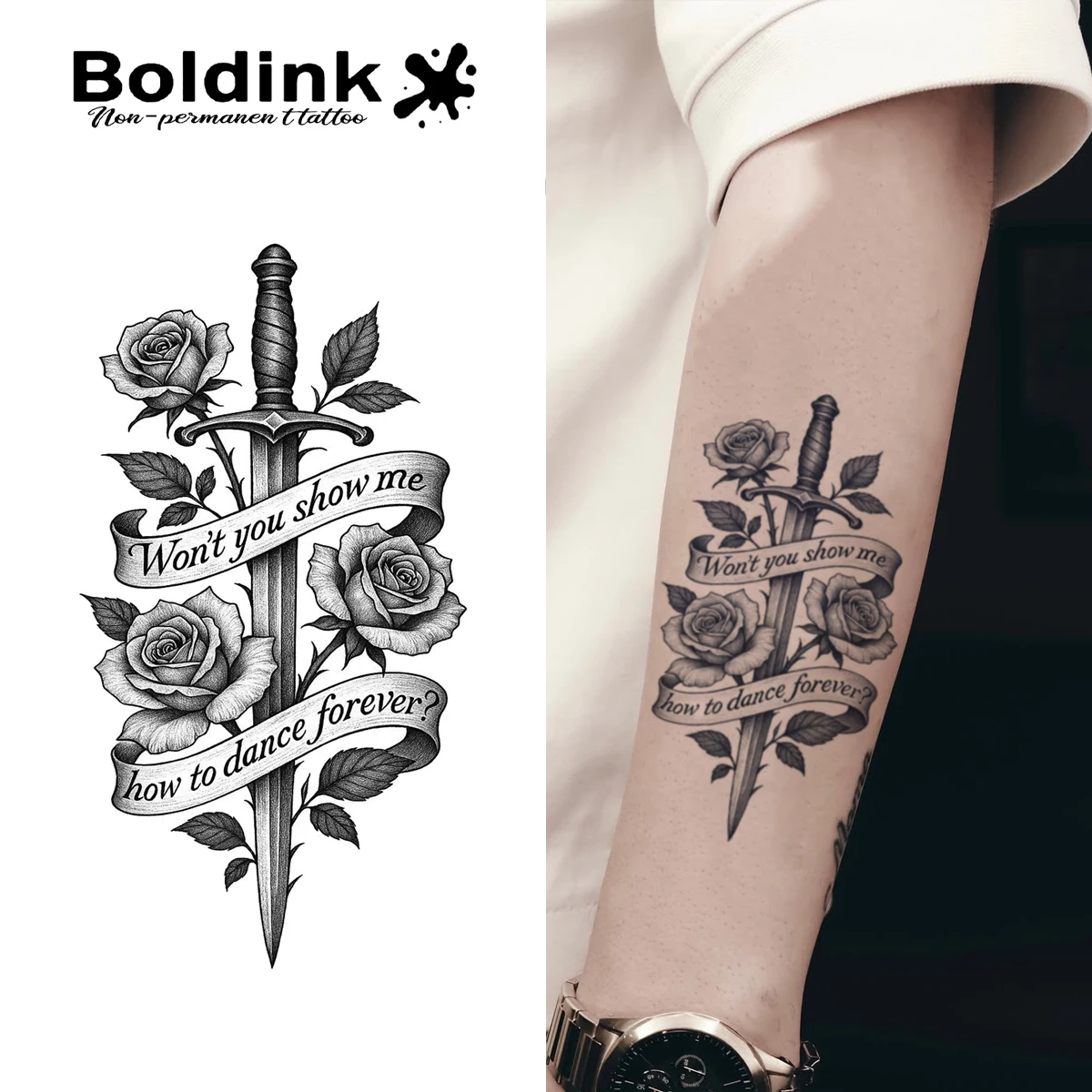 Boldink nicht permanente Tattoo-Technologie, Rose und Schwert inspiriertes Design, romantische Tattoo-Aufkleber, wasserfest für 1–2 Wochen. Image