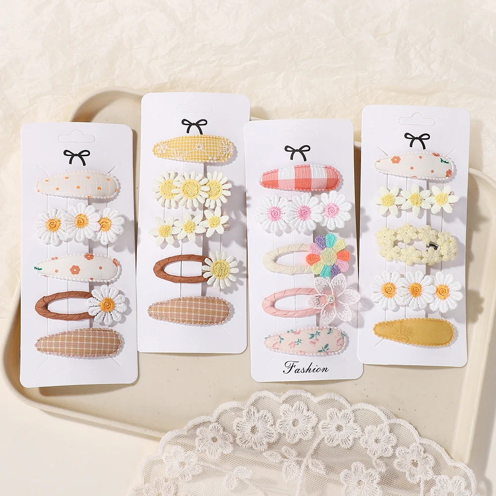 BABY BOWS 5 Teile/los Mädchen Schöne Haar Clips Set Gestickte Pony Haarspange Ins Stil Daisy Haarnadel Kinder Hairgripes Zubehör Image