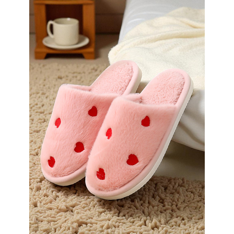 Women's Slippers Fuzzy Slippers Fluffy Slippers House Slippers Warm Slippers Home Valentine's Day Daily Heart-shaped Fleece Lined Flat Heel Round Toe Plush Casual Comfort Faux Fur Loafer Dusty pink