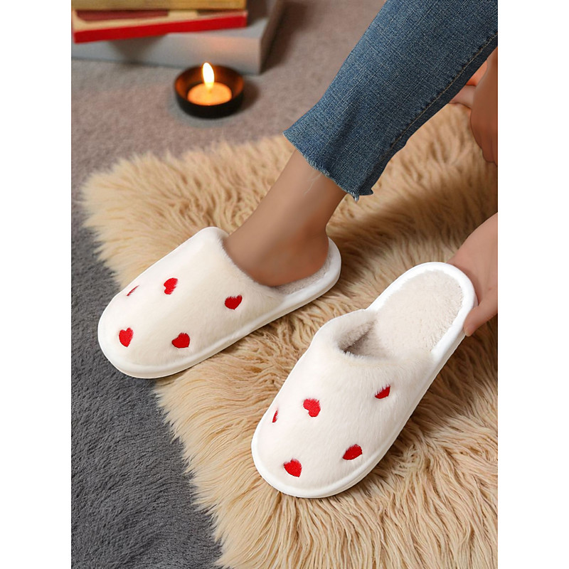 Women's Slippers Fuzzy Slippers Fluffy Slippers House Slippers Warm Slippers Home Valentine's Day Daily Heart-shaped Fleece Lined Flat Heel Round Toe Plush Casual Comfort Faux Fur Loafer Dusty pink