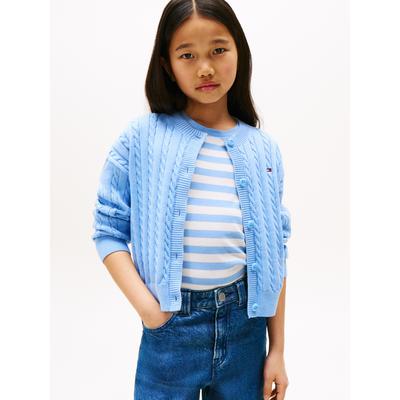 Strickjacke TOMMY HILFIGER "CABLE CARDIGAN", Mädchen, Gr. 14 (164), blau (cloudy blau), Strick, Obermaterial: 100% Baumwolle, unifarben, casual, regular fit hüftlang, Rundhals, Langarm Bündchen, Strickjacken, für Kinder bis 16 Jahre, mit Zopfmuster Image