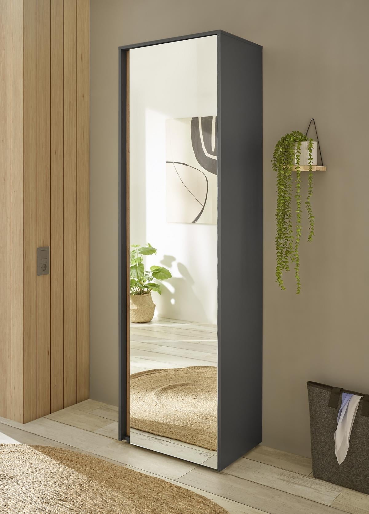 Garderobenschrank mit Spiegel anthrazit + Eiche grifflos 50 cm Boston