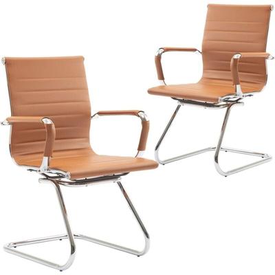 Bürostuhl Chefsessel Freischwinger für Konferenzräum aus PU-Leder mit Chromgestell Braun 2er Set Image