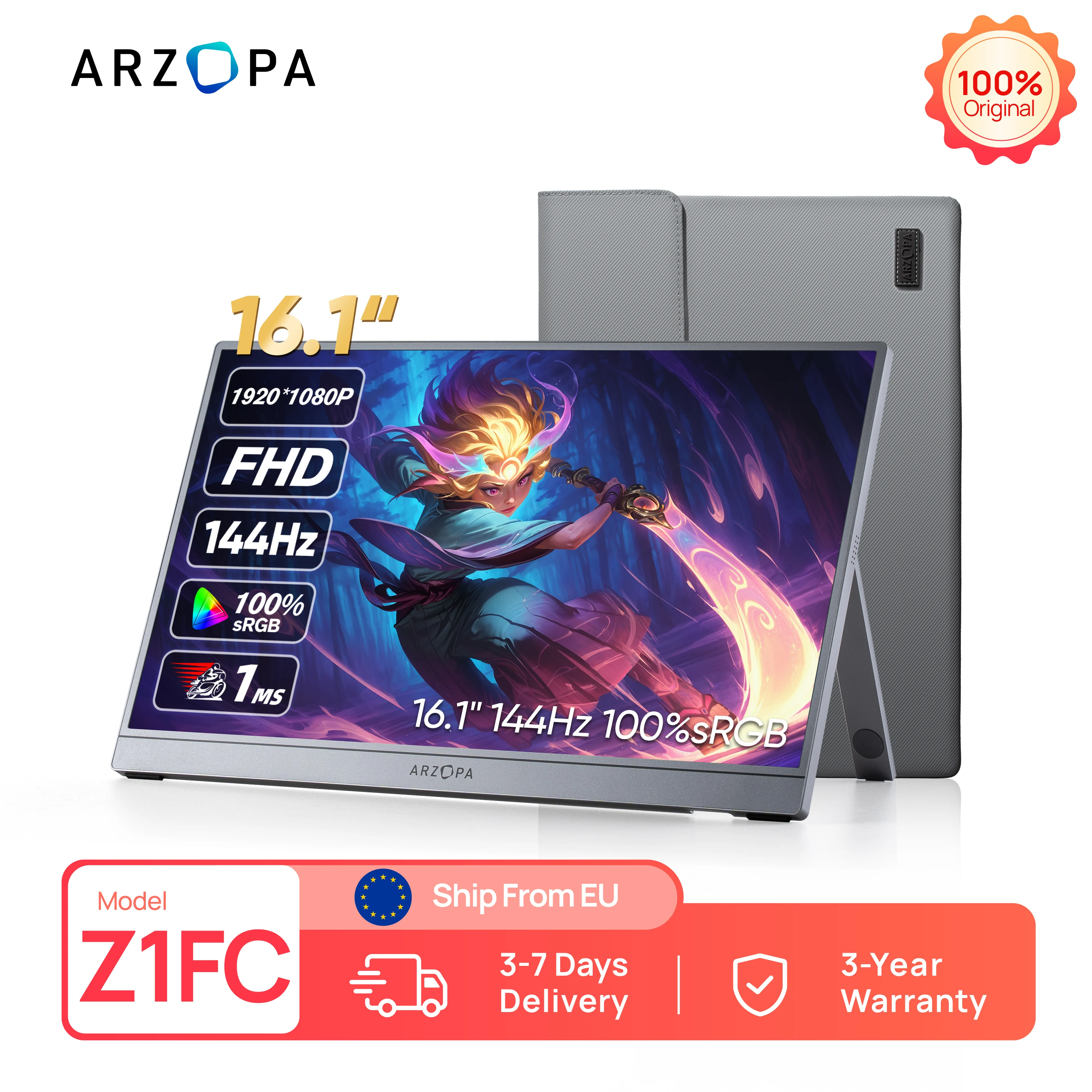 ARZOPA Moniteur portable Z1FC de 16,1 pouces avec sac de rangement, 144 Hz, 100 % sRGB, 1080P FHD, deuxième écran externe, écran IPS