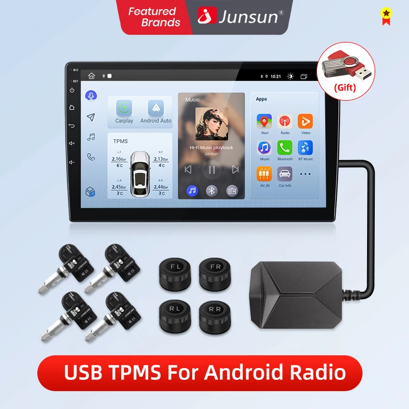 Junsun usb reifendruck überwachung alarmsystem tpms mit 4 internen sensoren für auto dvd player navigation autozubehör
