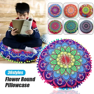 43 cm runder Kissenbezug mit böhmischem Mandala-Muster, indischer Elefant, bedruckt, Hocker, Retro-Wandteppichbezug, Meditationsboden-Kissenbezug Image