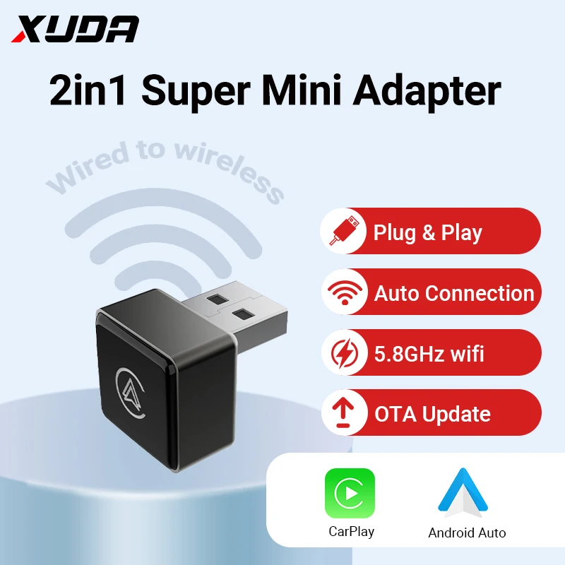 Neuer Super-Mini-Adapter, verkabelt auf kabelloses CarPlay und Android Auto 2-in-1-Box, 5 GHz WiFi5 für 99 % original kabelgebundene CarPlay/Auto-Autos Image