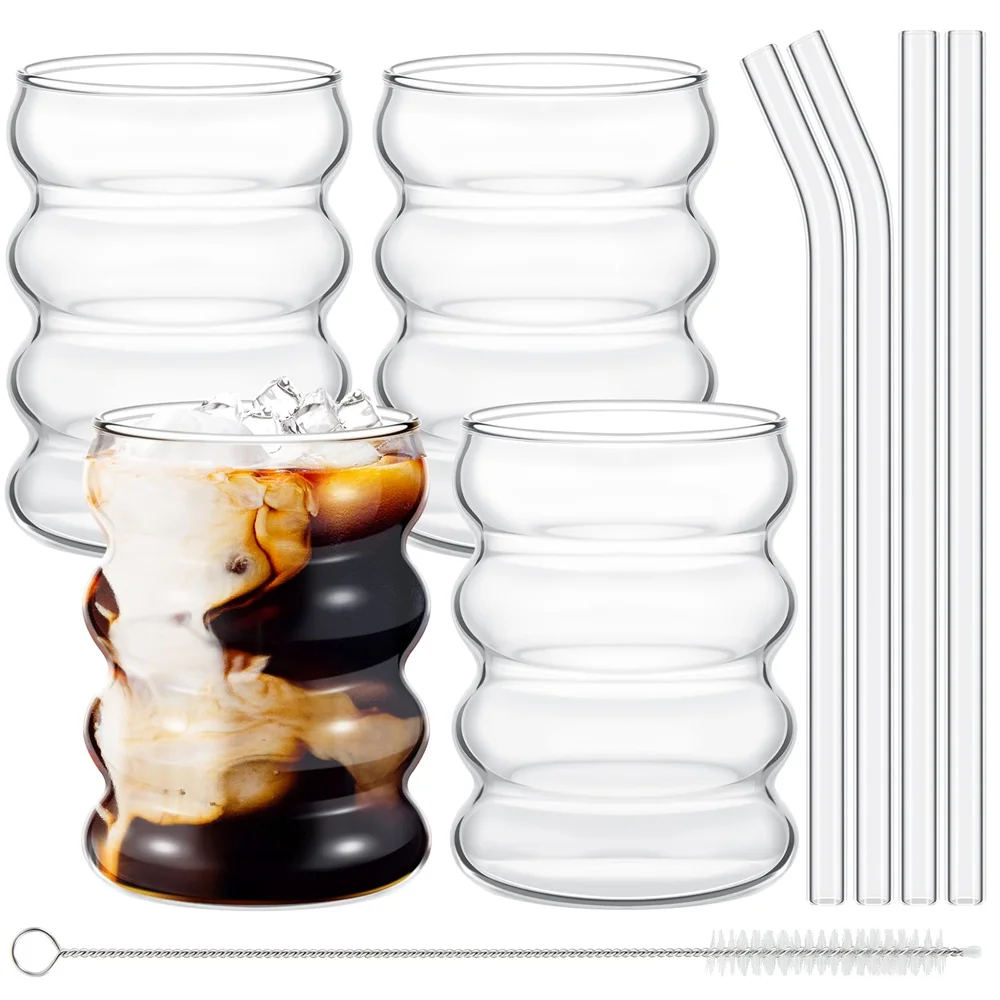 4 teile/satz Glas Tassen Kaffee Becher Kreative Klare Trinkgläser Gerippte Glaswaren Tassen Mit Strohhalme Set Cocktail Obst Glas Image