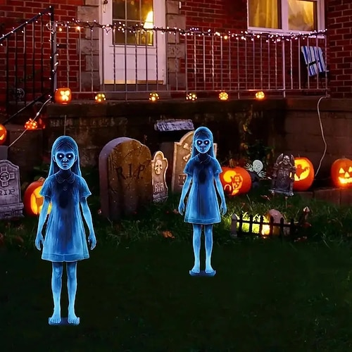 2 pezzi di cartelli da giardino in metallo per Halloween con doppi picchetti da giardino fantasma, perfetti per decorazioni da giardino per esterni con temi horror, zombi e vampiri.